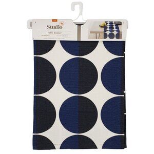 3B Studio Blue Geometric Circle Table Runner 14"x72" Mid Century Modern Mod NEW